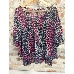 IZ Byer Womens Blouse Top 1X Plus Pink Leopard Animal Print Sheer Dolman